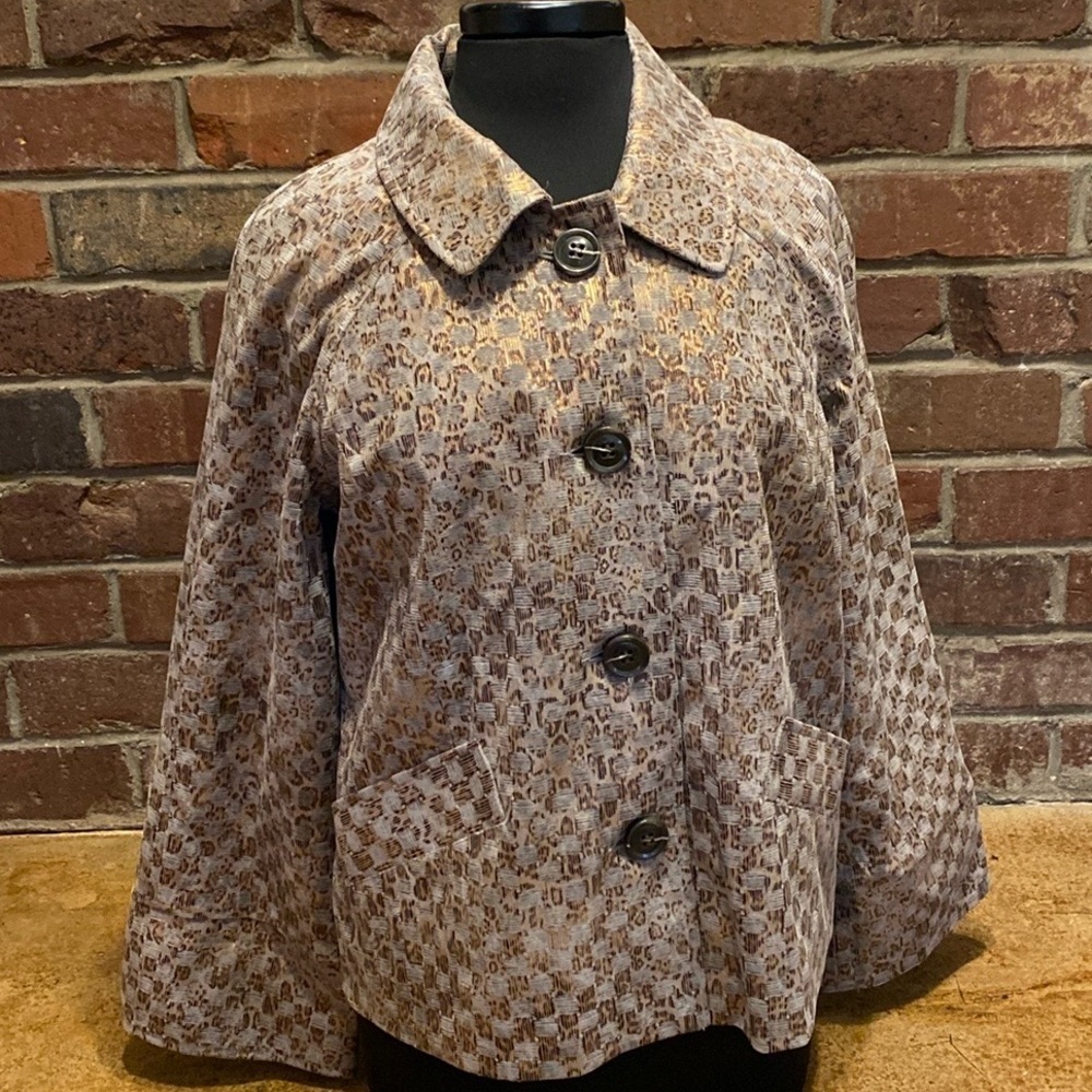 Birch Hill grey and gold animal‎ print metallic button front suit jacket coat